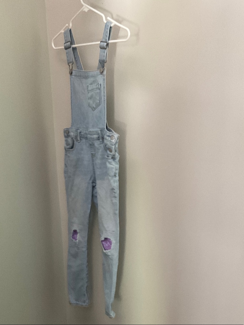 Cat & Jack Light Blue Denim Overalls with Purple Knee Patches